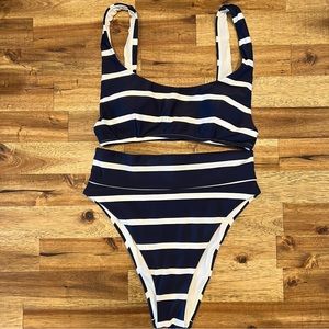 aerie blue & white stripe bikini set high waisted high cut cheeky scoop top suit